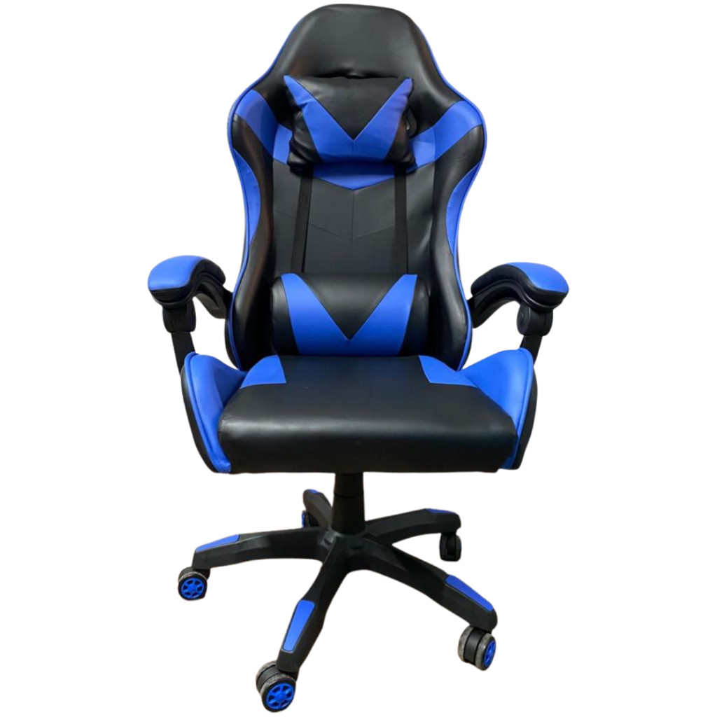 Silla gaming de oficina reclinable en ecopiel con reposapiés Azul y Negro  64x53x h123 - 133 cm