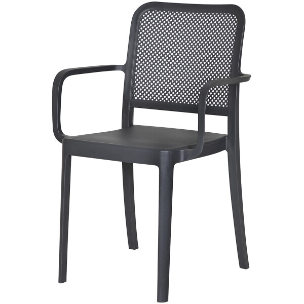 silla de plastico para exterior o interior de restaurante econmica con diseño tipo malla rejilla todo clima patio o terraza color gris oxford con brazo