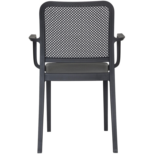 silla de plastico para exterior o interior de restaurante econmica con diseño tipo malla rejilla todo clima patio o terraza color gris oxford con brazo