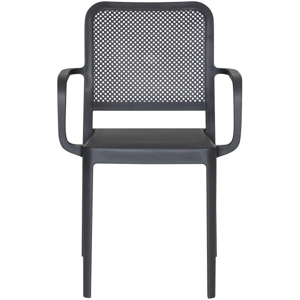 silla de plastico para exterior o interior de restaurante econmica con diseño tipo malla rejilla todo clima patio o terraza color gris oxford con brazo