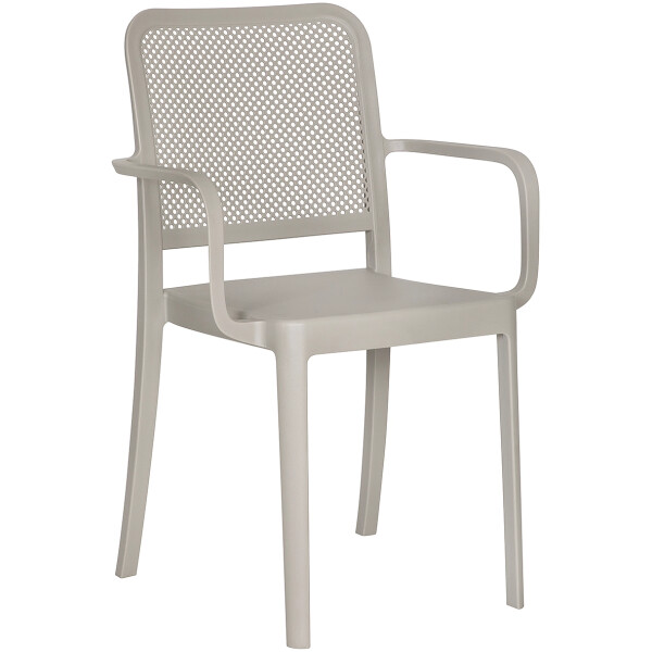 silla de plastico para exterior o interior de restaurante econmica con diseño tipo malla rejilla todo clima patio o terraza color Arena taupe con brazo