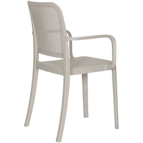 silla de plastico para exterior o interior de restaurante econmica con diseño tipo malla rejilla todo clima patio o terraza color Arena taupe con brazo