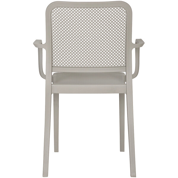 silla de plastico para exterior o interior de restaurante econmica con diseño tipo malla rejilla todo clima patio o terraza color Arena taupe con brazo